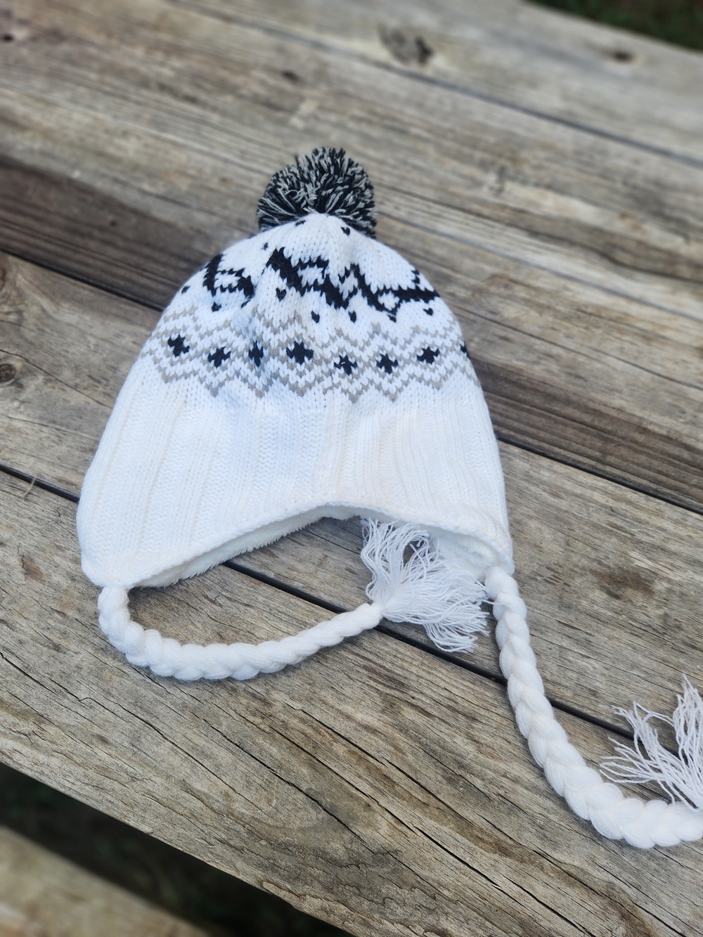 Spyder White Knit Earflap Hat with Black Accents and Pom